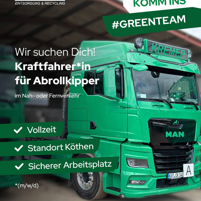 Du sitzt gerne hinterm Steuer? Dann komm zu Kremer! 🚛
Wir suchen ab sofort Kraftfahrer*innen für Abrollkipper im Nah-... Du sitzt gerne hinterm Steuer? Dann komm zu Kremer! 🚛
Wir suchen ab sofort Kraftfahrer*innen für Abrollkipper im Nah-...